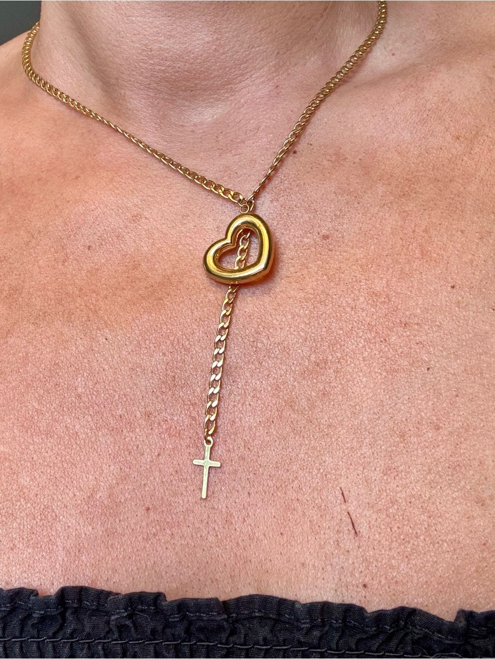 14k yellow Gold Heart Lariat Necklace with Cross Pendant - Women's Jewelry